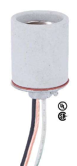 E-26 Keyless Glazed Porcelain 1/8 IPS Lamp Socket, Metal Cap with Set Screw  61" AWM Black and White Wire Leads