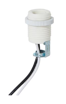 E-12 Porcelain Threaded Keyless Socket with Retaining Ring, 18" Wire Leads, 2" Height