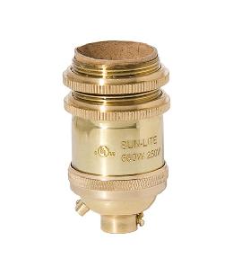 Tall Keyless Brass Lamp Socket with Ground Screw Terminal, Polished and Lacquered, Long UNO Threads